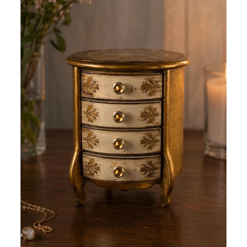 Vintage Style Gold Musical Jewelry Box Miniature Chest Ornate Floral Design